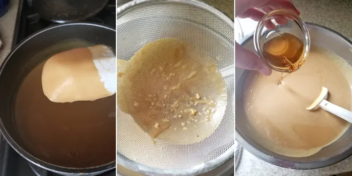 showing how to cook and strain butterscotch custard for ice cream