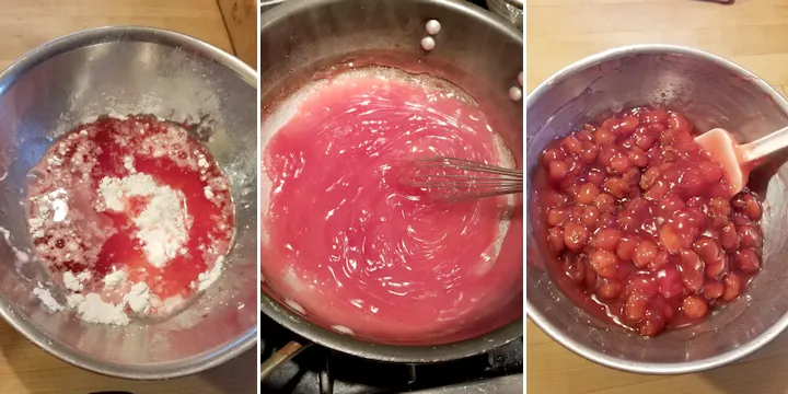 a bowl with cherry juice and cornstarch, a pan cooking cherry juice and the finished cherry filling in a bowl