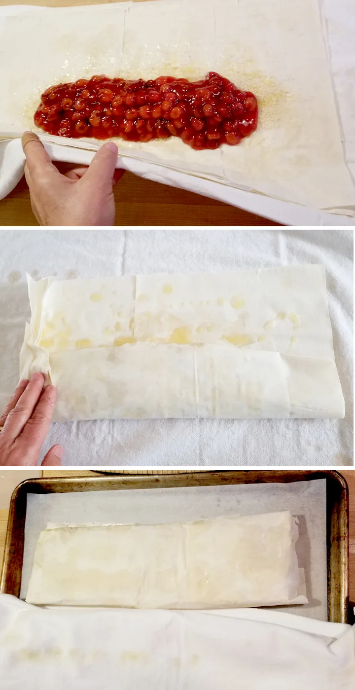 cherry in phyllo dough, folding phyllo dough over filling, using towel to flip strudel onto the pan