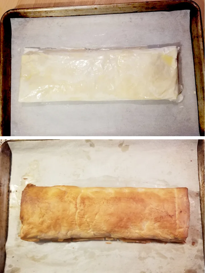 a strudel on a pan before and after baking