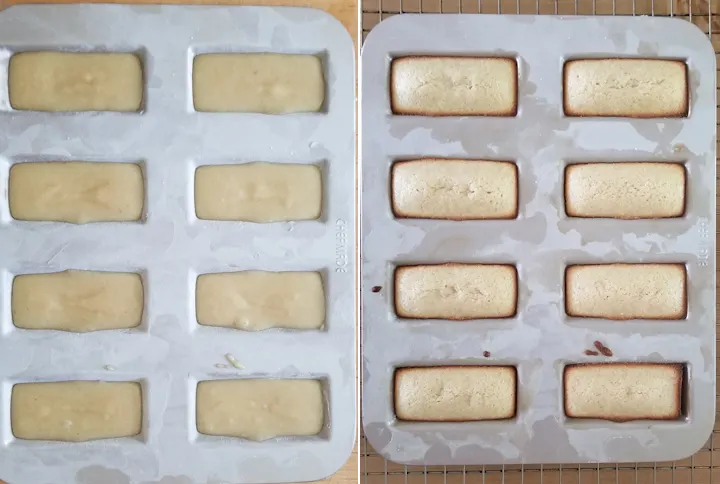 showing financiers before and after baking