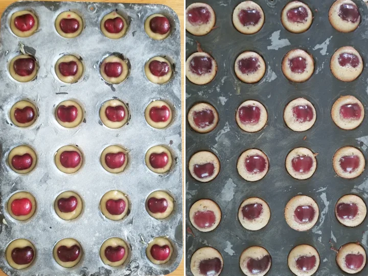 showing cherry financiers before and after baking