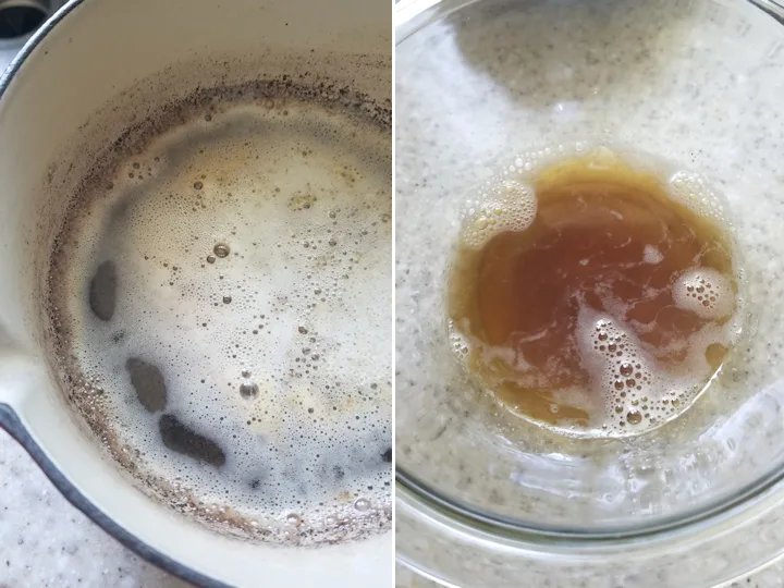 two photos showing how to make browned butter
