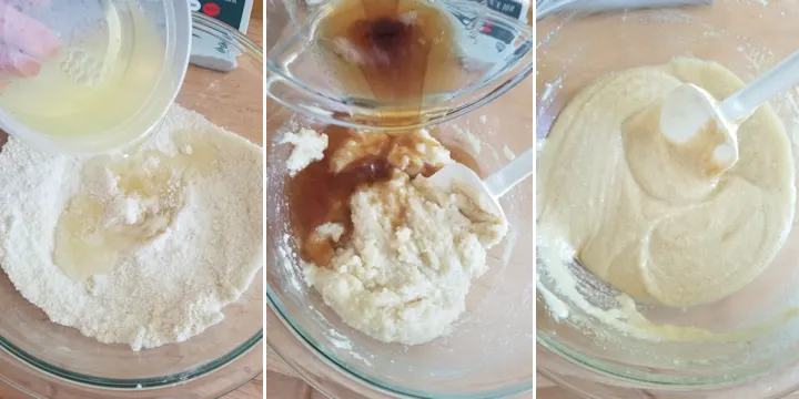 three photos showing how to make financier batter