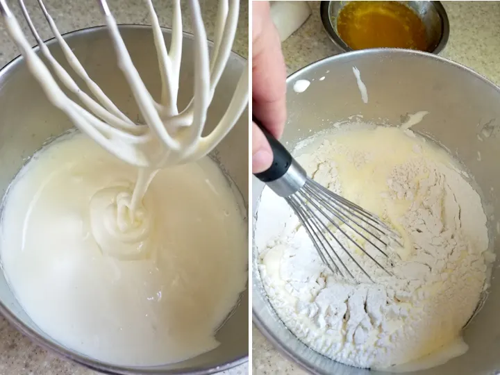 a bowl with ribboned eggs and a bowl with flour added