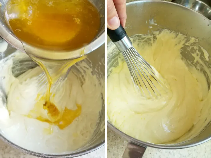 adding browned butter to cookie batter.