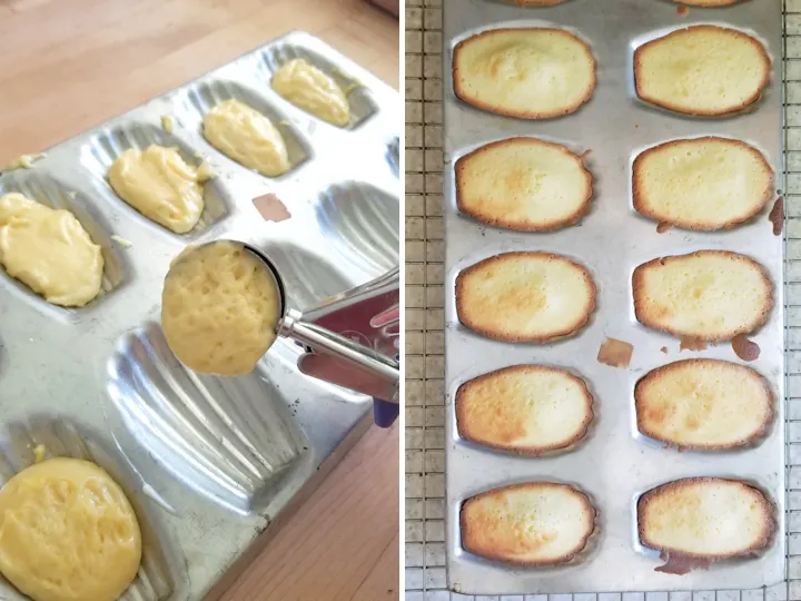 showing madeleines before and after baking