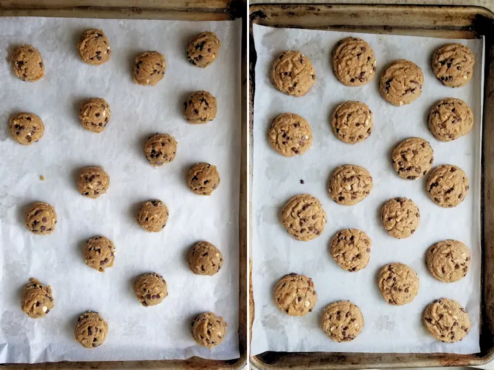 peanut butter cookies on a sheet pan before and after baking