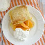 a pinterest image for peach shortcake with text overlay