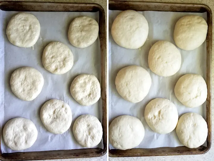 showing burger buns before and after rising