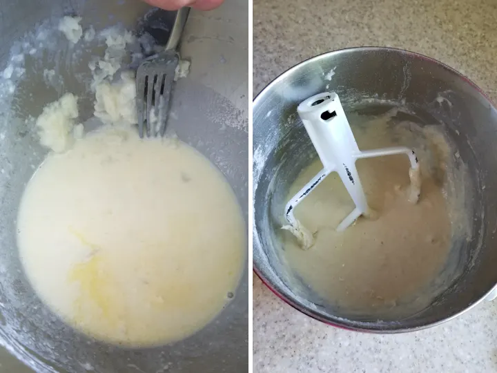a bowl with milk and potato and a fork smashing the potato