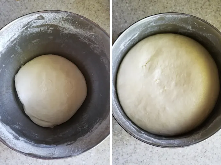 showing potato dough before and afte rrising