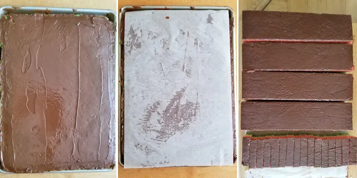 three photos showing how to ice and slice rainbow cookies