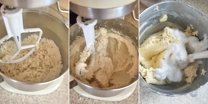 three photos showing the making of rainbow cookie batter