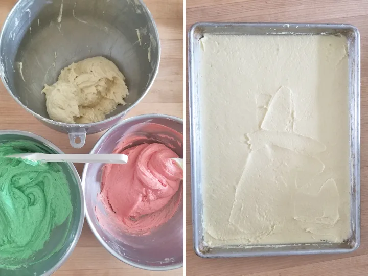 three bowls with red, green and white batter. A baking pan filled with white cake batter.