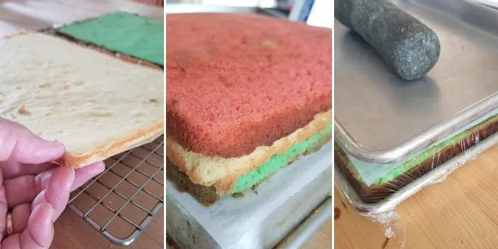 showing a thin cake layer. Three thin layers with jam. showing a cake weighted down in pan.