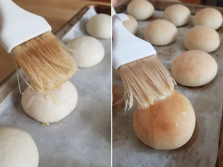 brushing rolls with butter before and after baking