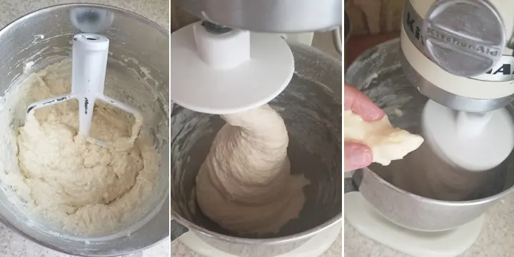 three photos showing a mixing bowl with sourdough starter, then with sourdough on a dough hook and then adding butter to the dough