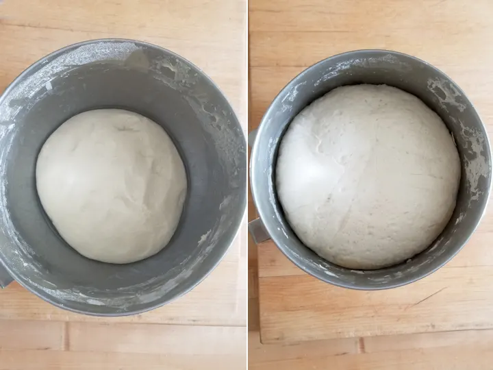 two bowls with sourdough before and after fermentation