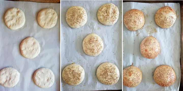 showing burger buns before and after rising and after baking.