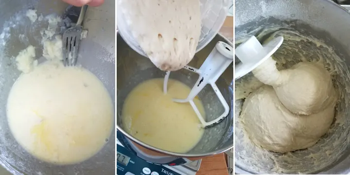 three photos showing how to mix sourdough potato bun dough