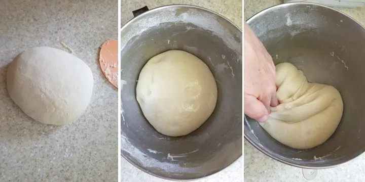 three photos showing sourdough during fermentation