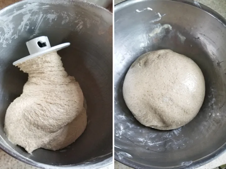 showing two mixing bowls with rye bagel dough