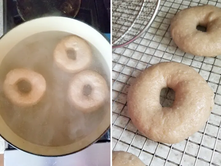 a pot with boiling bagels and a rack with draining bagels