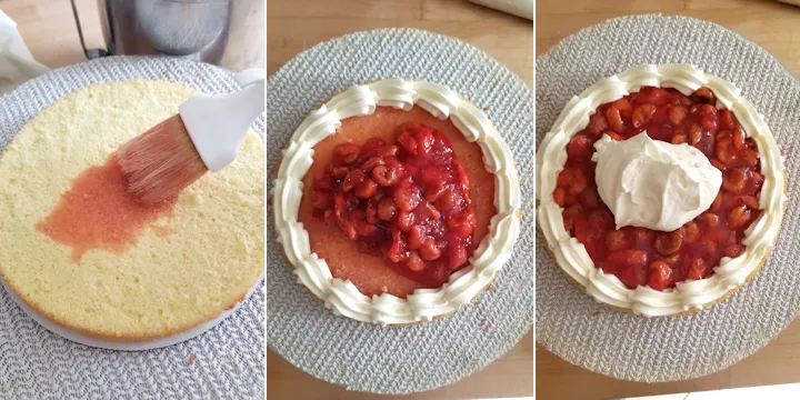 a cake layer being brushed with cherry syrup. A cake layer with cream border and cherry filling. A dollop of cream over cherry filling.