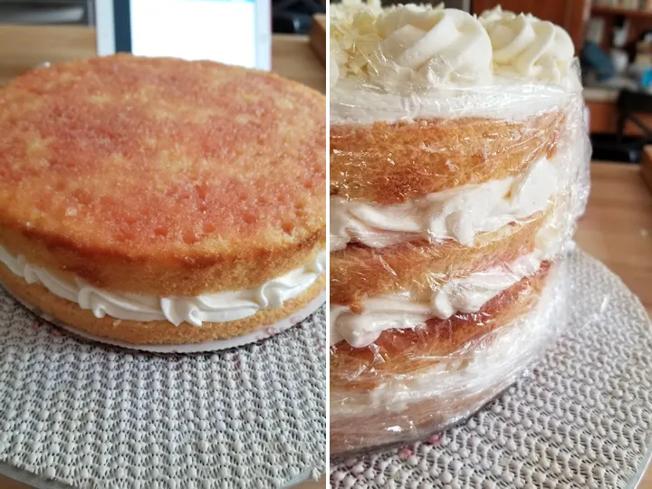 a closeup of cake layers with cream and a closeup of a cake wrapped in plastic
