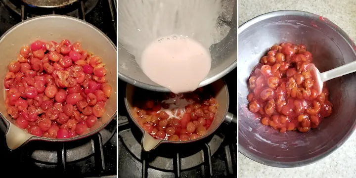 sour cherries in a small pot, a bowl pouring cornstarch into cherries and a bowl of sour cherry filling