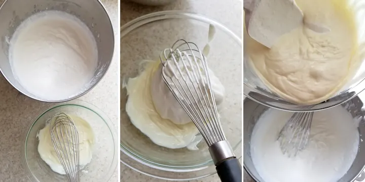 a bowl of whipped cream and a bowl of melted white chocolate. A whisk mixing white chocolate and cream. A bowl of white chocolate cream.