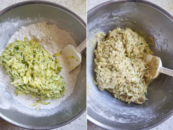 two photos showing zucchini muffin batter before and after mixing