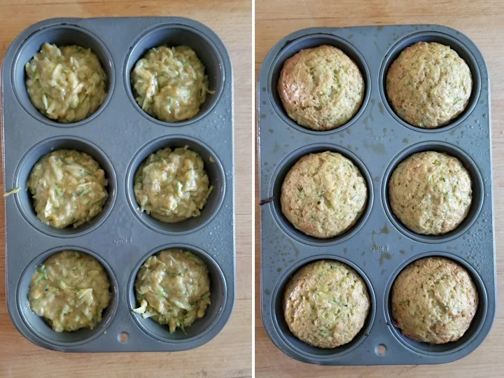 zucchini muffins before and after baking