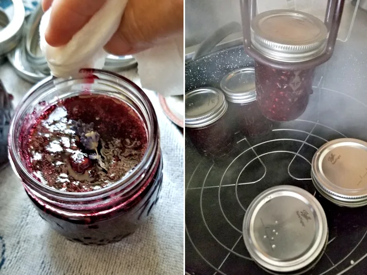 showing how to clean a canning jar rim and how to put the jars into a water bath.