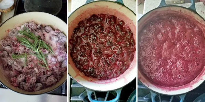 three photos of a pot of boiling blackberry preserves