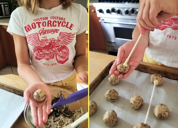 two photos showing how to roll and make cookie dough pops