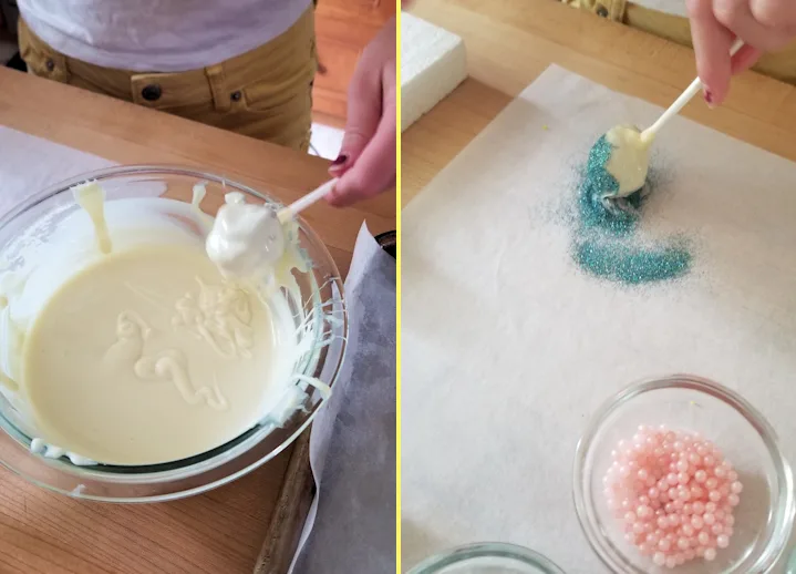 two photos showing how to dip and decorate edible cookie dough balls.
