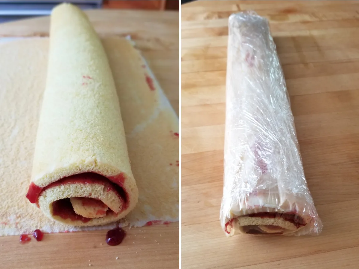 a jelly roll cake wrapped in parchment and plastic wrap