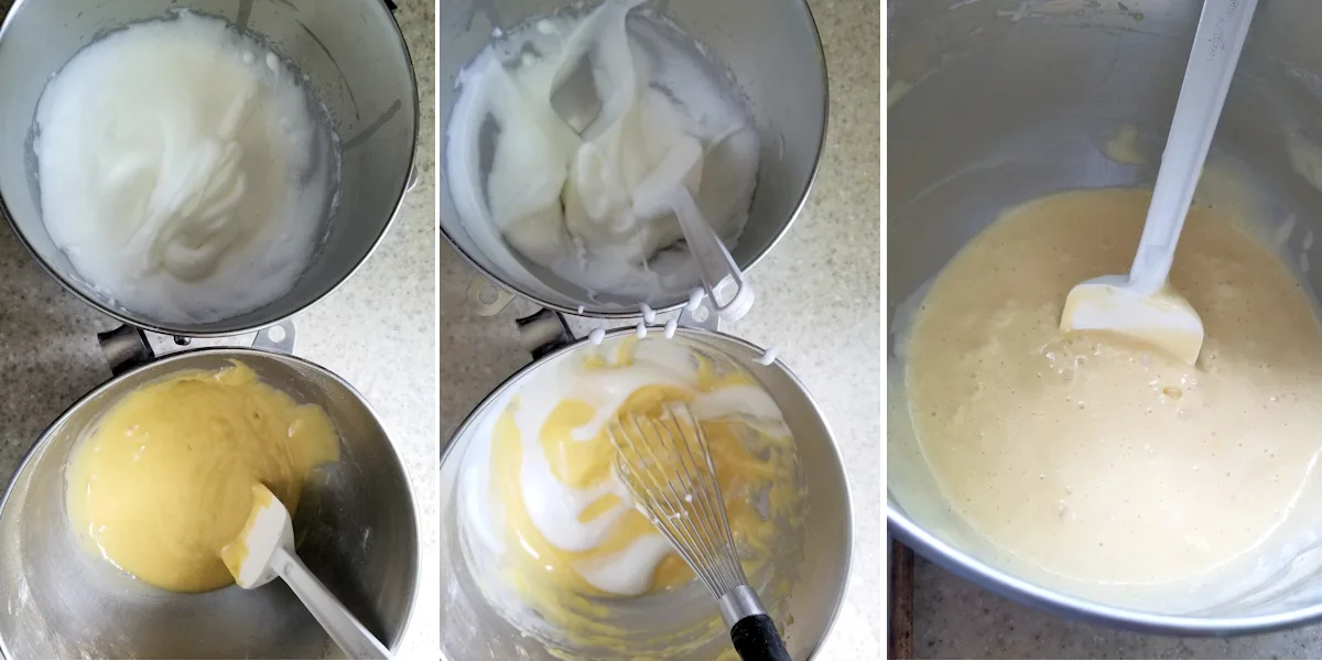 three photos showing how to whip whites and yolks for chiffon cake. How to fold the batter and a bowl showing how the batter should look