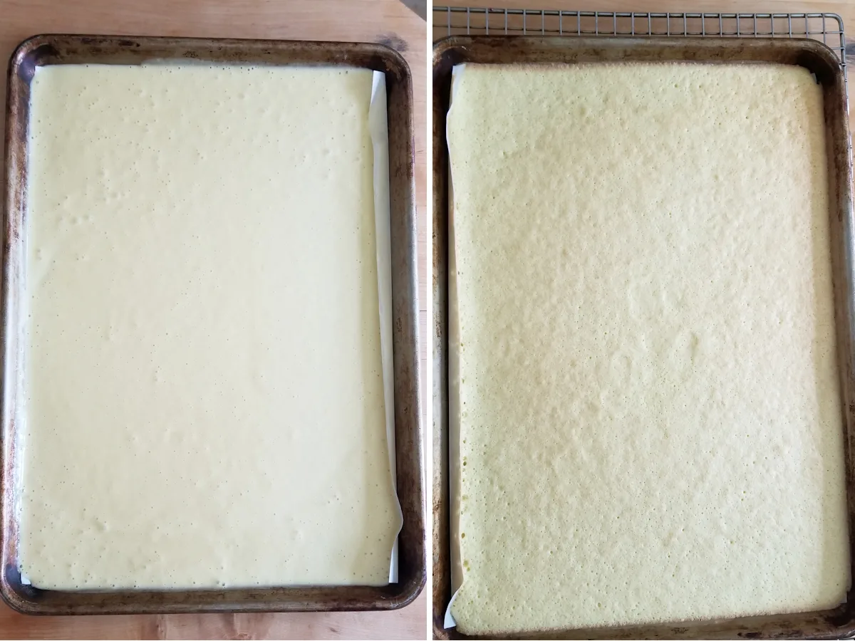 two photos showing a chiffon sheet cake before and after baking