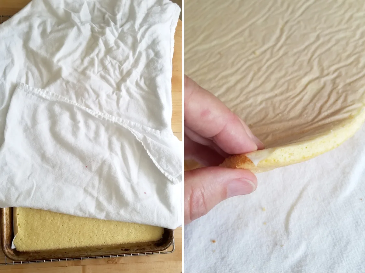 a sheet cake covered with a kitchen towel and a close up shot showing the thickness of the sheet cake