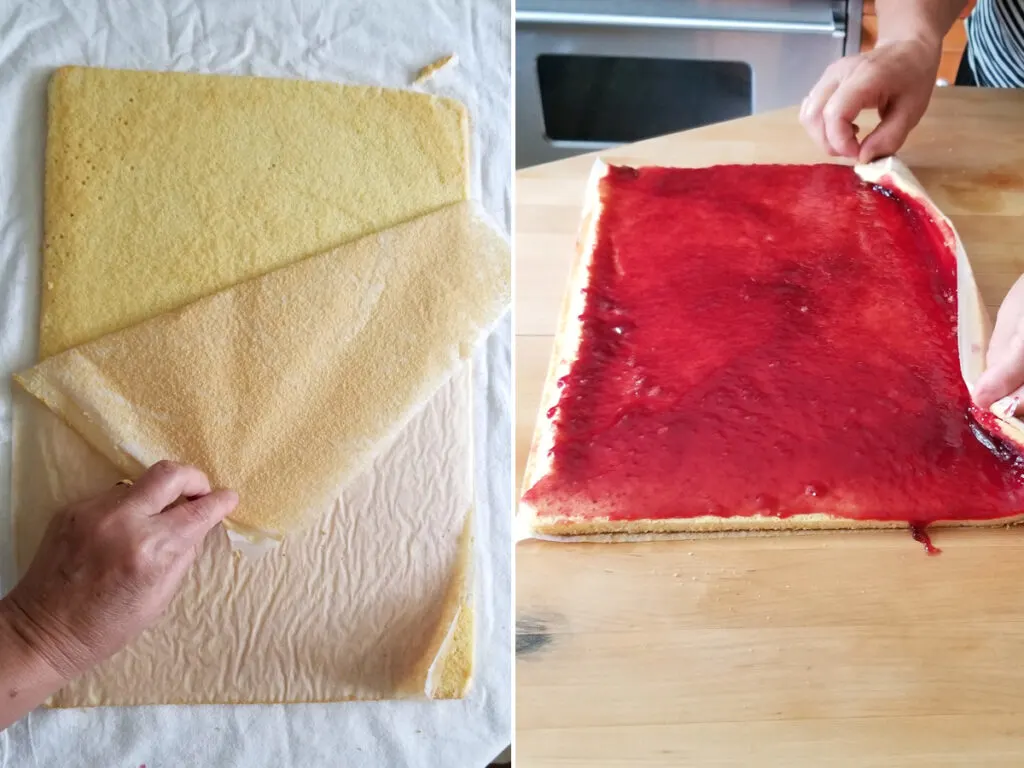 a sheet cake with parchment paper being peeled off the back. A sheet cake covered with jelly