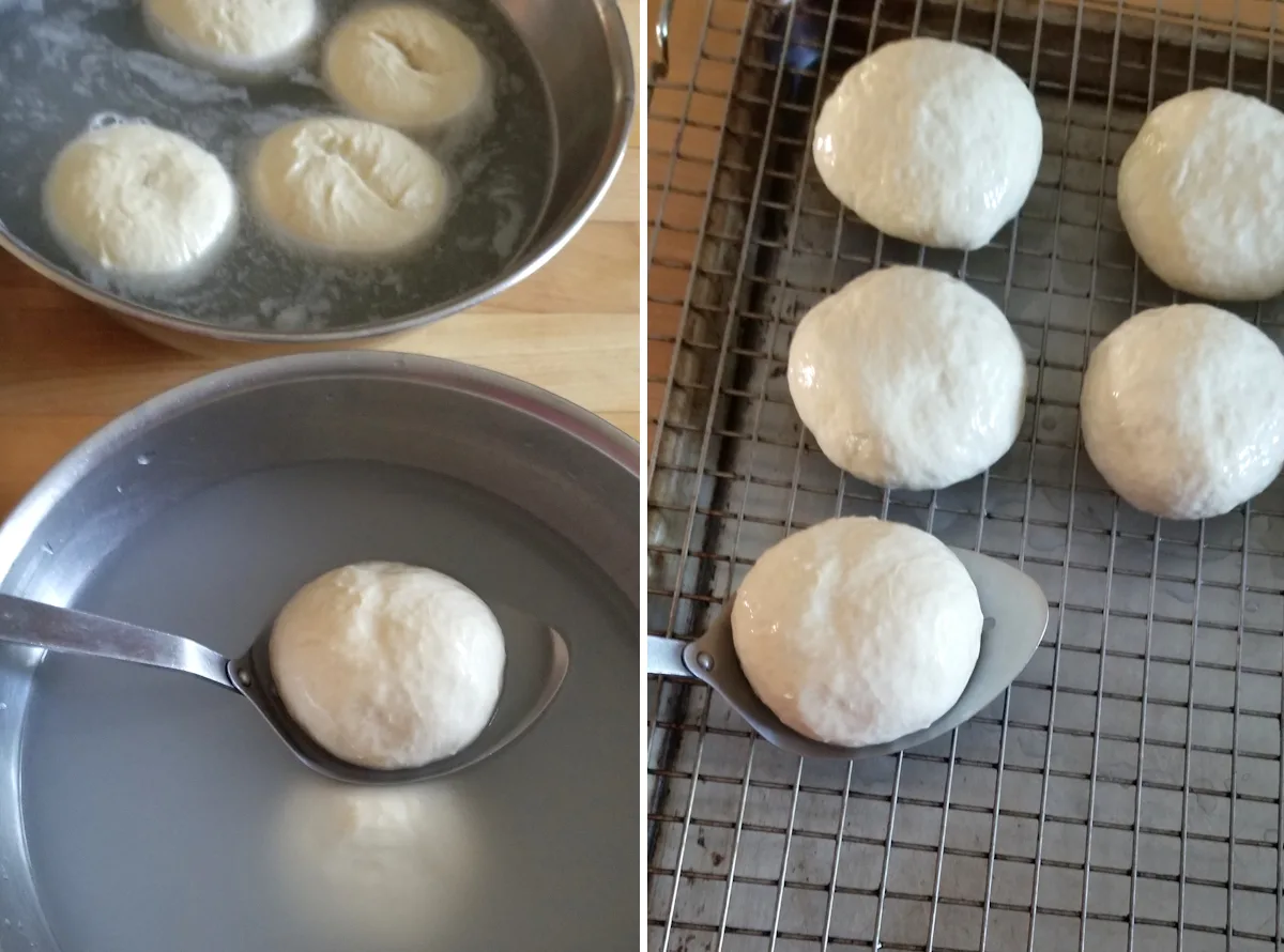 Pretzel rolls being dipped and drained before baking