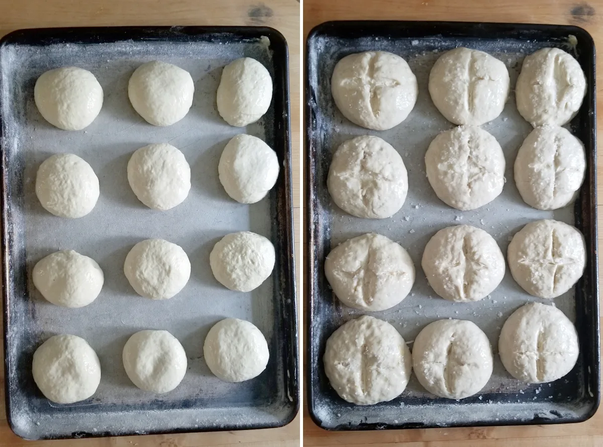 sourdough pretzel rolls before and after rising