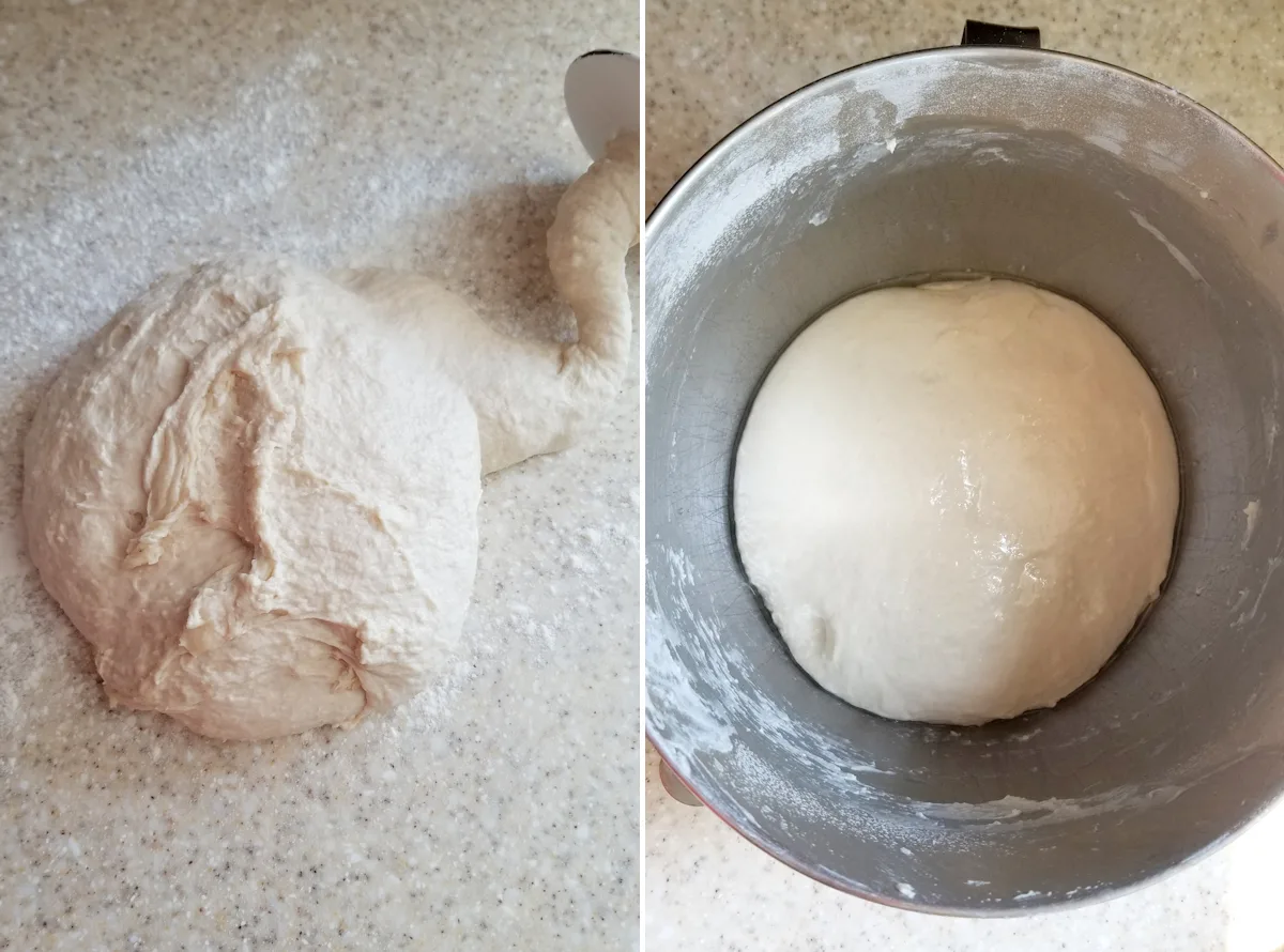two photos showing sourdough pretzel roll dough after mixing and in a bowl for fermentation