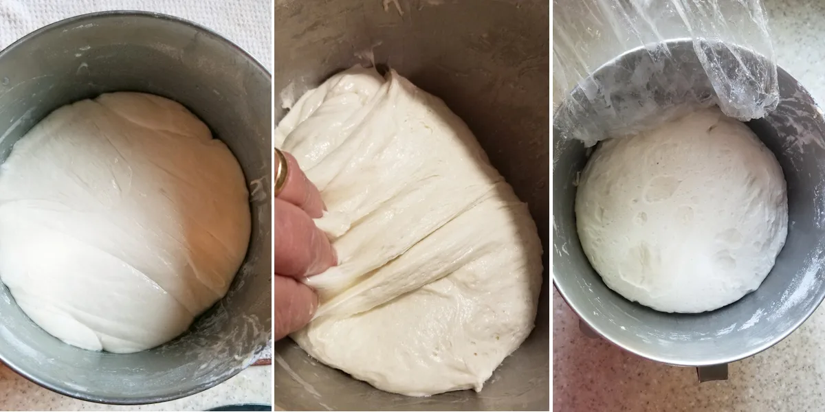 three photos showing a bowl of sourdough during the fermentation and folding process