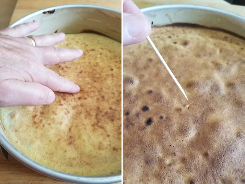 a finger pressing a cake layer and a toothpick in a cake