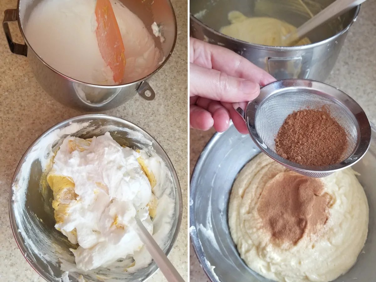 two photos showing how to make spekkoek batter.