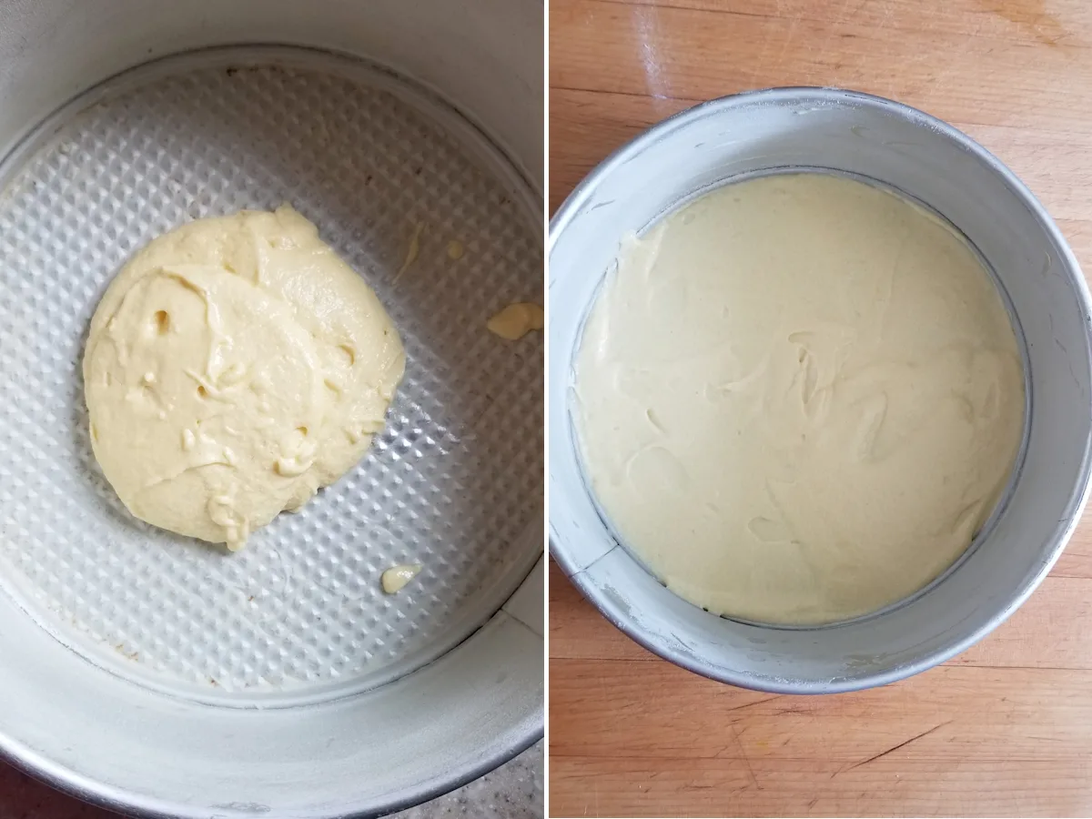 a pan with cake batter and a pan with a layer of cake batter